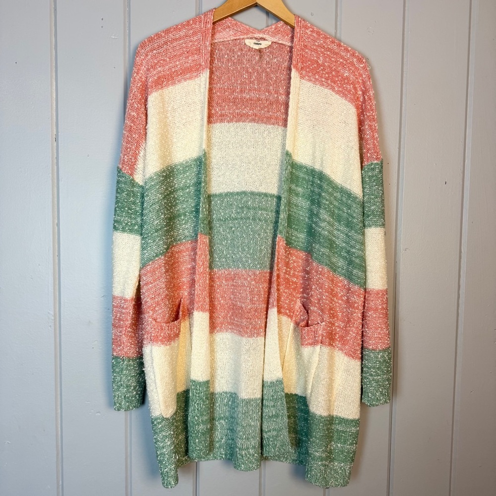 Entro striped cardigan Coral Cream Green‎ Open Front with Pockets Popcorn Medium
